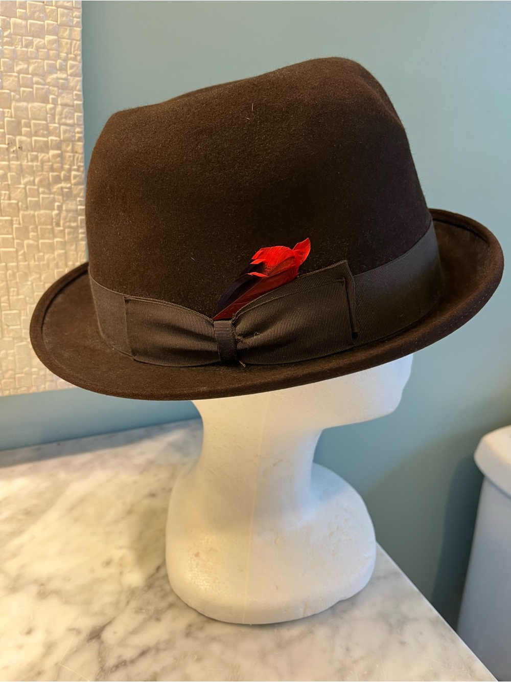 Rothschild Brown Wool Fedora with Red Feather Accent